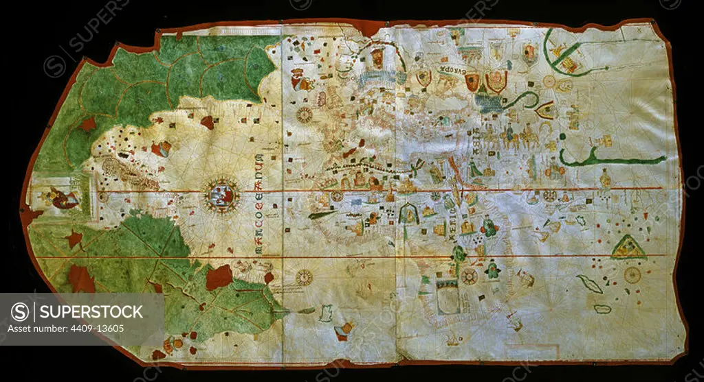 FACSIMIL DE LA CARTA MARITIMA - SIGLO XVI - CARTOGRAFIA. Author: JUAN DE LA COSA (1449-1510). Location: MUSEO NAVAL / MINISTERIO DE MARINA. MADRID. SPAIN.
