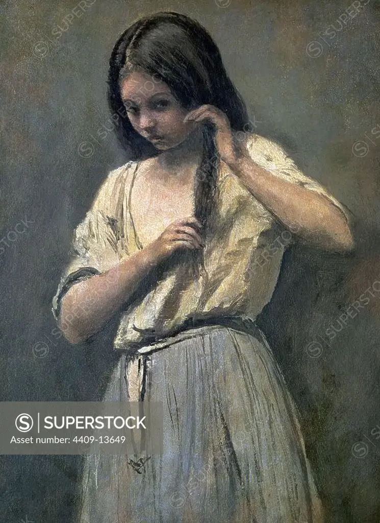 Young Girl at her Toilet - 34x24 cm - oil on canvas. Author: JEAN BAPTISTE CAMILE COROT. Location: LOUVRE MUSEUM-PAINTINGS. France.