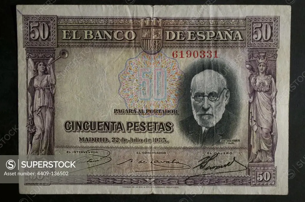 MONEY: BILL OF FIFTY PESETAS OF 1935. ANVERSE: BUST OF THE INVESTIGATOR AND PHYSICIAN SANTIAGO RAMON Y CAJAL. REVERSE: MONUMENT TO RAMON Y CAJAL IN THE "EL RETIRO", MADRID. SIZE: 122 x 82 MM.