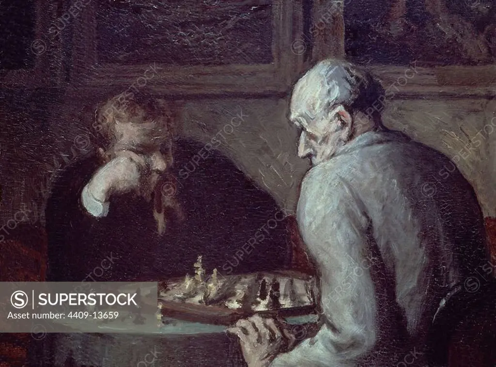 'The Chess Players', 1863-1867, Oil on canvas, 24 x 32 cm. Author: HONORE DAUMIER. Location: MUSEO PETIT PALAIS. France.