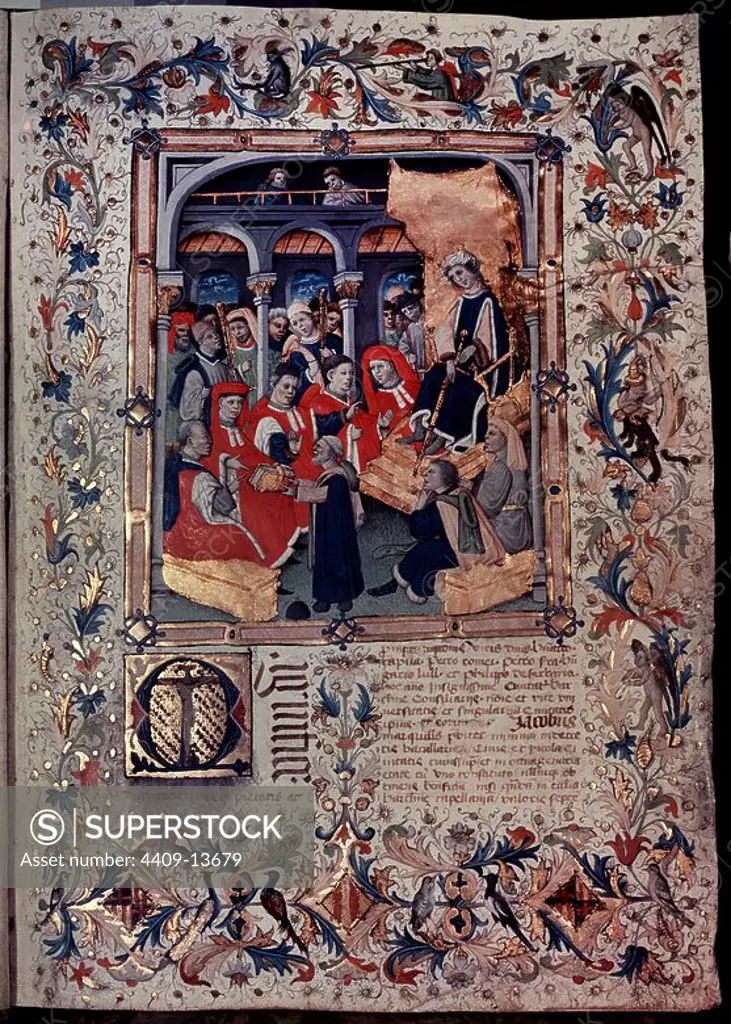 The Author Presents his Book to the Councillors of Barcelona in the Presence of Queen Maria, Wife of Alfonso V, from the 'Comentaris dels Usatges de Catalunya - 1448 - vellum. Author: BERNAT MARTORELL (1390-1452). Location: Museum of History of Barcelona. Barcelona. SPAIN. MARIA DE ARAGON.