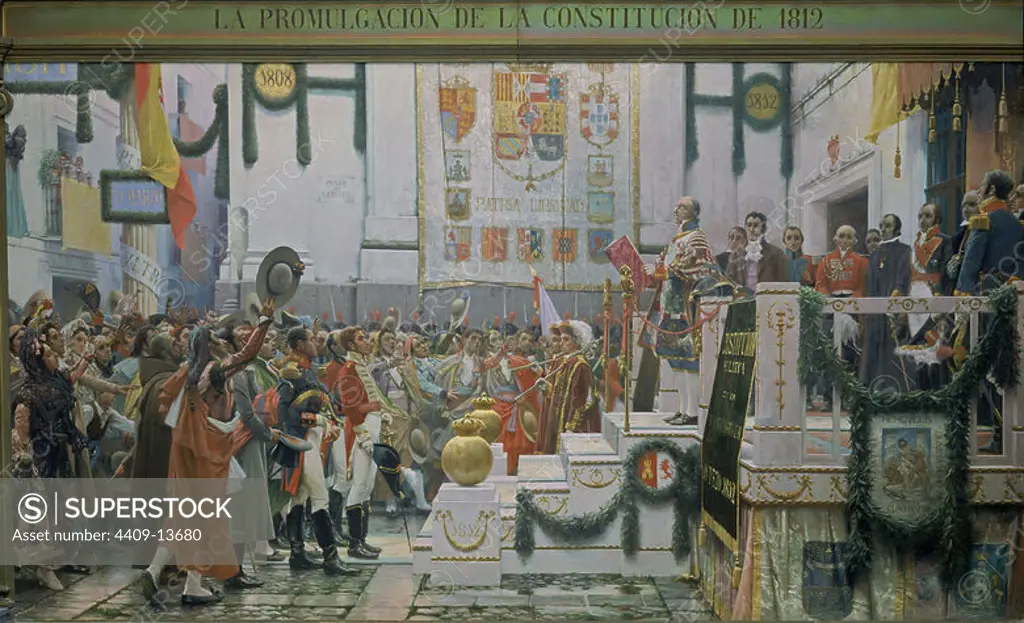 PROMULGACION DE LA CONSTITUCION DE 1812 LLAMADA "LA PEPA" EN LAS CORTES DE CADIZ PINTADO EN 1912 EN LA CONMEMORACION DEL CENTENARIO. Author: SALVADOR VINIEGRA (1862-1915). Location: MUSEO HISTORICO MUNICIPAL. Cadiz. SPAIN.