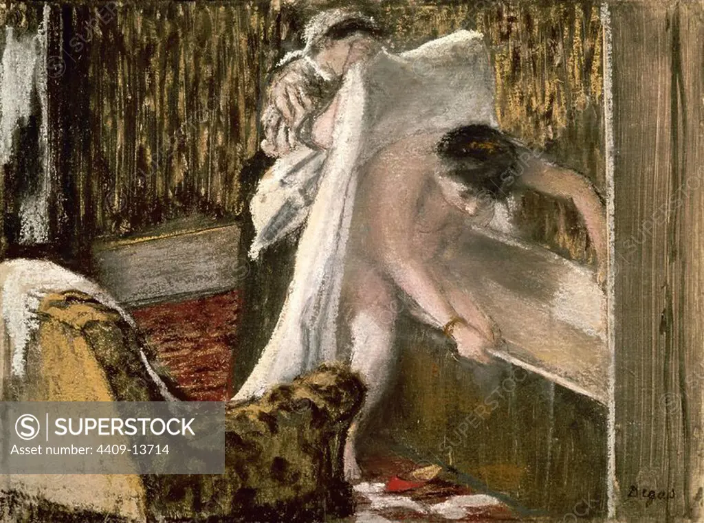 'Woman Leaving Her Bath', 1877, Pastel, 23 x 31 cm. Author: EDGAR DEGAS. Location: LOUVRE MUSEUM-PAINTINGS. France.