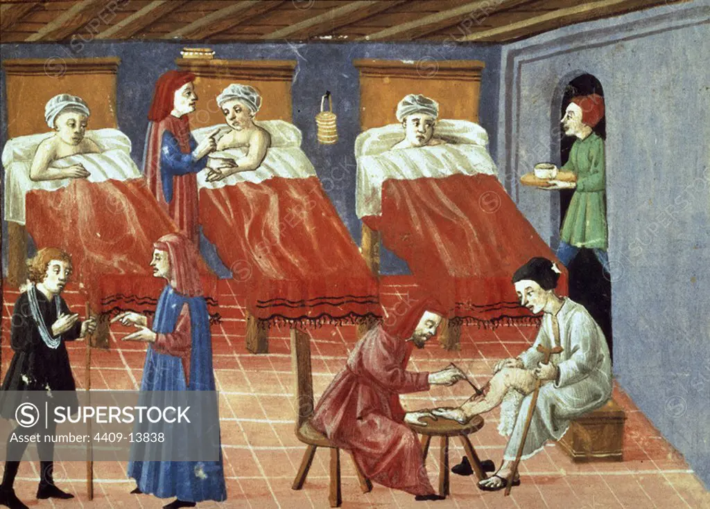 A HOSPITAL. Illumination from a 13th century translation of a treatise by Avicenna. Location: LAURENZIANISCHE BIBLIOTHEK. Florenz. ITALIA.