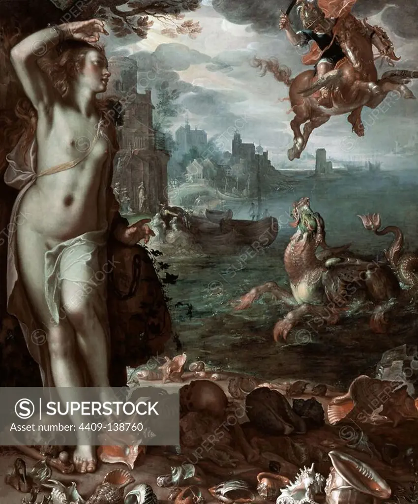 'Perseus Rescuing Andromeda', 1611, Oil on canvas, 180 x 150 cm. Author: JOACHIM WTEWAEL (1566-1638). Location: LOUVRE MUSEUM-PAINTINGS. France. Andromeda. PEGASO. PERSEO-MITOLOGIA GRIEGA.