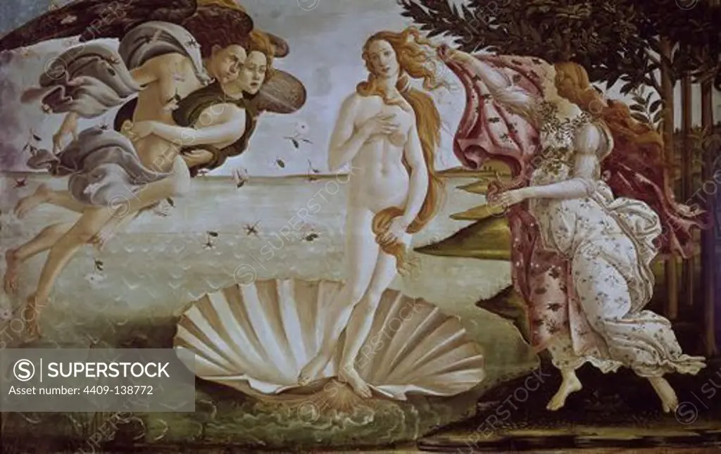 The Birth of Venus - ca. 1485 - 172'5x278'5 cm - tempera on canvas - before restoration. Author: BOTTICELLI, SANDRO. Location: GALERIA DE LOS UFFIZI, FLORENZ, ITALIA. Also known as: EL NACIMIENTO DE VENUS.