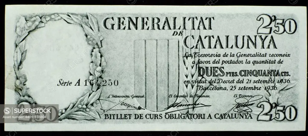 BILLETE DE 2,50 PESETAS EMITIDO POR LA GENERALIDAD DE CATALUÑA EN SEPTIEMBRE DE 1936. Location: EXPOSICION DE LA GUERRA CIVIL ESPAÑOLA. MADRID. SPAIN.