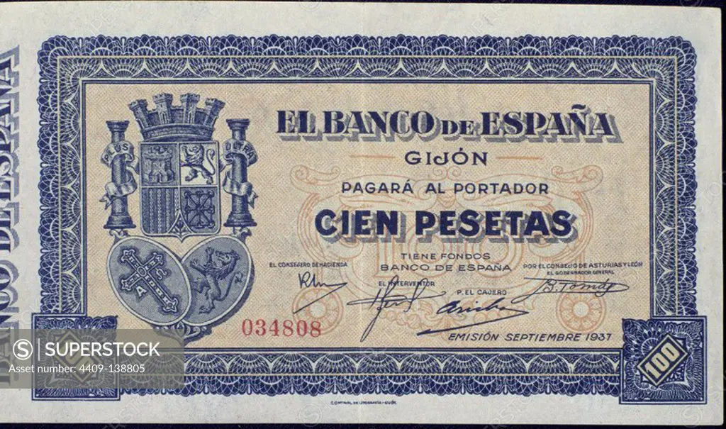 BILLETE DE CIEN PESETAS DEL BANCO DE ESPAÑA DE GIJON, FECHADO EN SEPTIEMBRE DE 1937. Location: EXPOSICION DE LA GUERRA CIVIL ESPAÑOLA. MADRID. SPAIN.