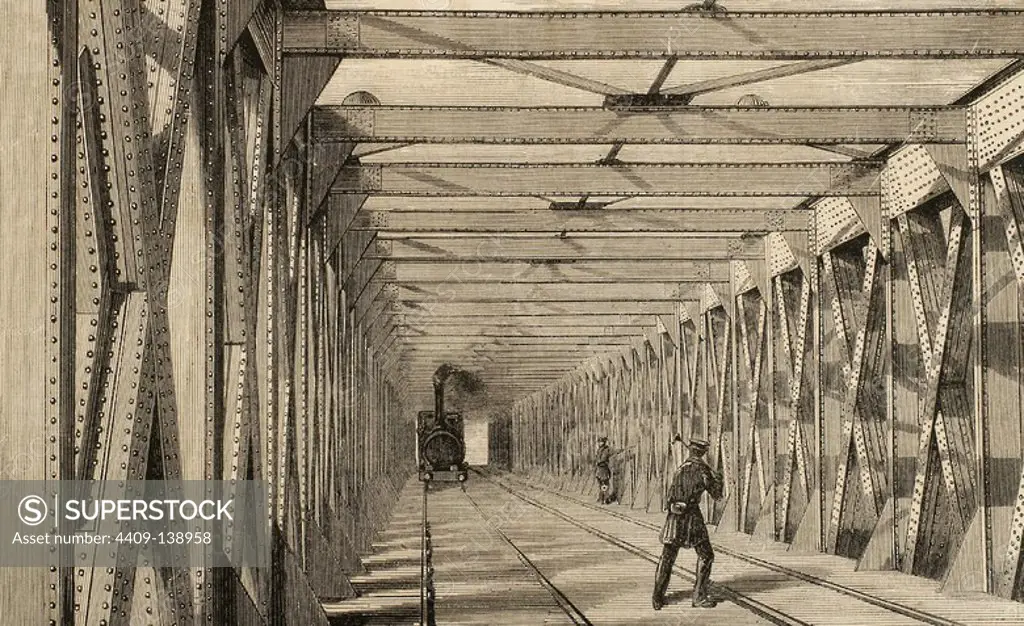 Construction of the railway. Pass the railway by an iron bridge. Engraving in L'Illustration, 1860.