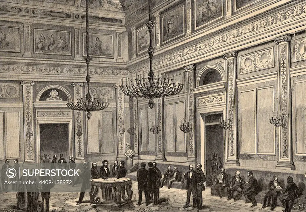 Spain. Madrid. Conference Hall of the Chamber of Deputies. Engraving in The Spanish and American Illustration, 1872.