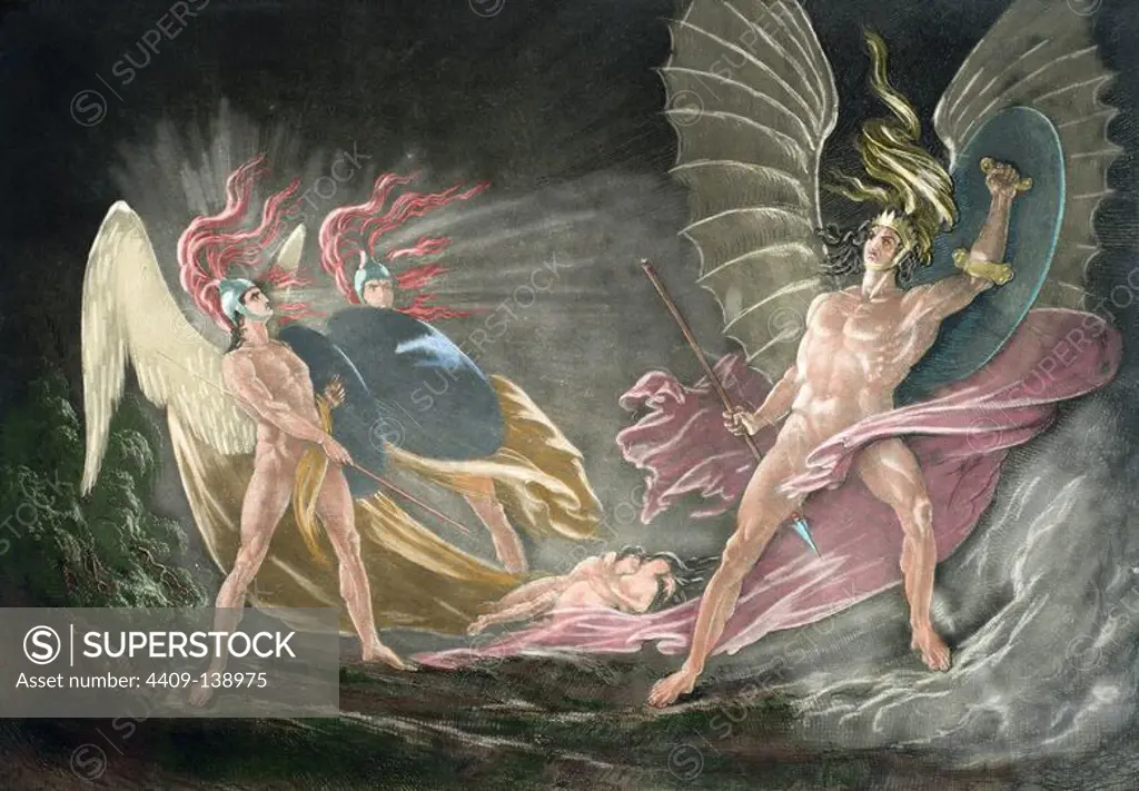 John Milton (1608-1674). British poet. Paradise Lost. 1658-1667. Satan tempts Eve in the dream. Engraving of John Martin (1789-1854). Colored.