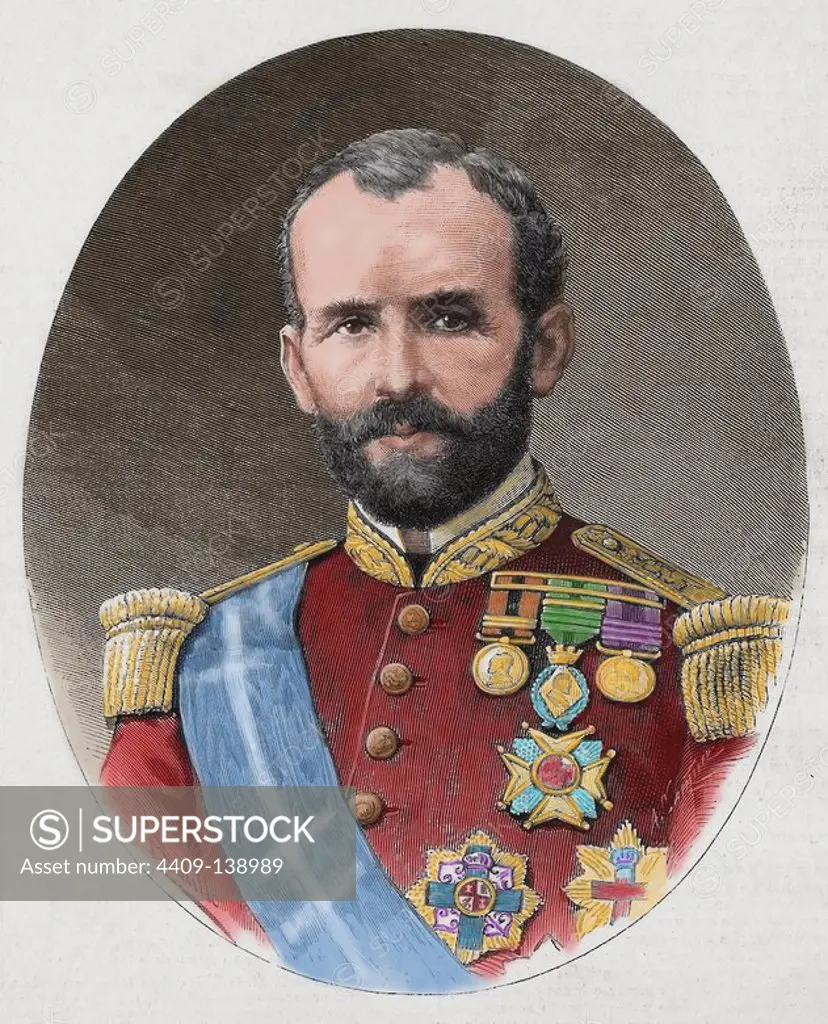 Emilio Calleja (1830-1906). Spanish Military. Captain General of the island of Cuba. Engraving in The Spanish and American Illustration, 1886. Colored.