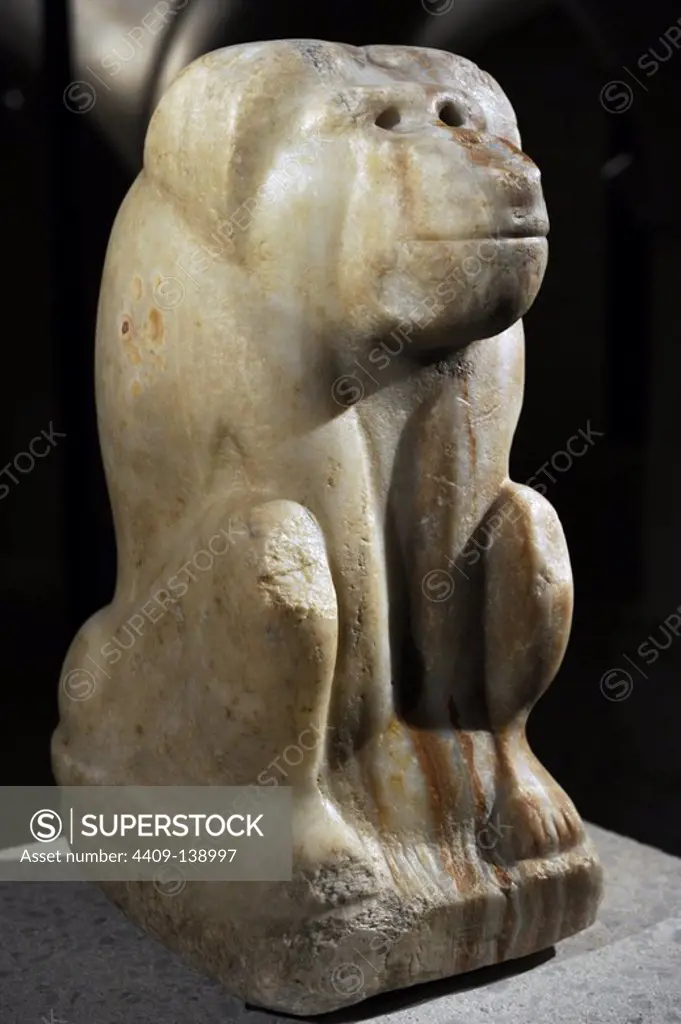 Baboon. Seated figure with the cartouche of King Narmer. Dynasty I. Early Dynastic Period. 3000 BC. Calcite and alabaster. Neues Museum. Berlin. Germany.