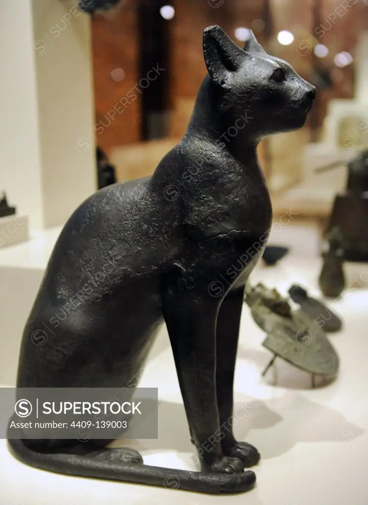 Sculpture of a cat. Late Period. 26th Dynasty. 650 BC. Bronze. Neues Museum. Berlin. Germany.