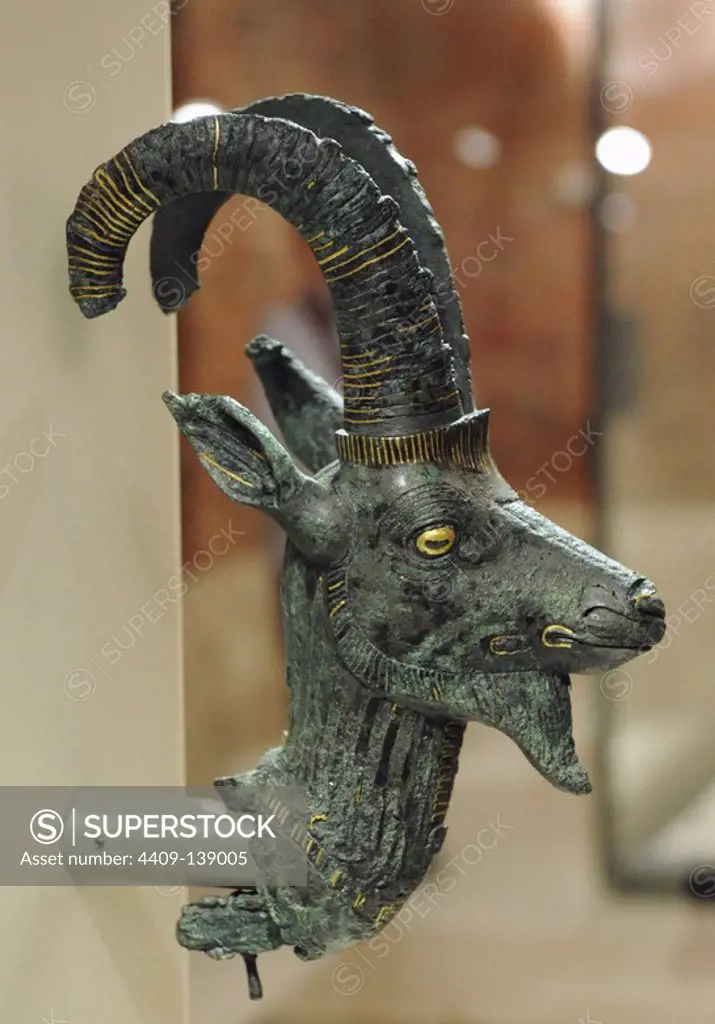Head of an ibex of a sacred barque. Dynasty 21. Third Intermediate Period. 1070-946 BC. Bronze with gold. Neues Museum. Berlin. Germany.