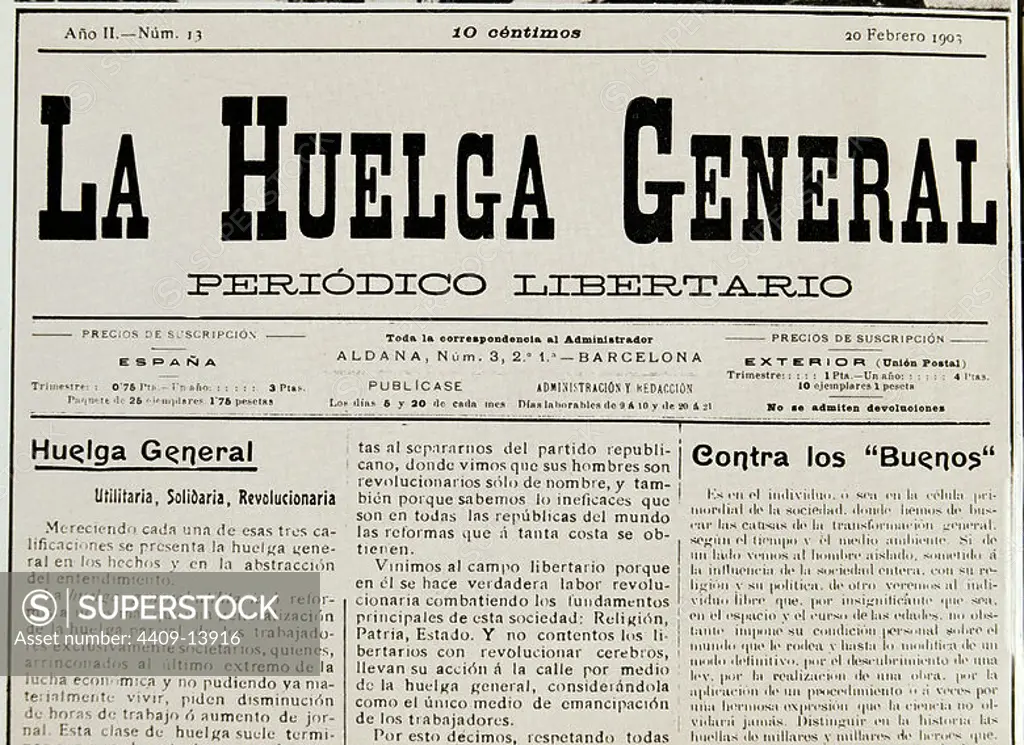 HªCATALUÑA-PERIODICO-LA HUELGA GENERAL-20-2-1903-PORTADA. Location: BIBLIOTECA NACIONAL-COLECCION. MADRID.