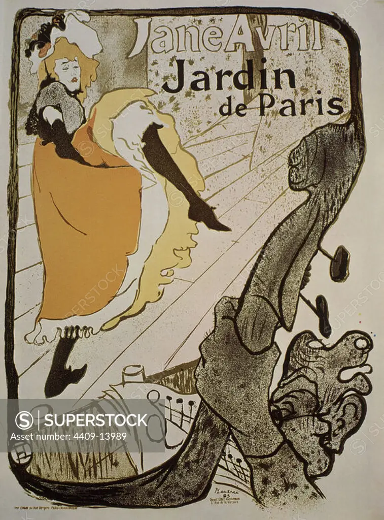 Poster advertising Jane Avril at the Jardin de Paris - 1899 - 124x91,5 cm - colour lithograph. Author: Henri Marie Raymond de Toulouse-Lautrec. Location: PRIVATE COLLECTION. France. AVRIL JANE / JANE AVRIL.