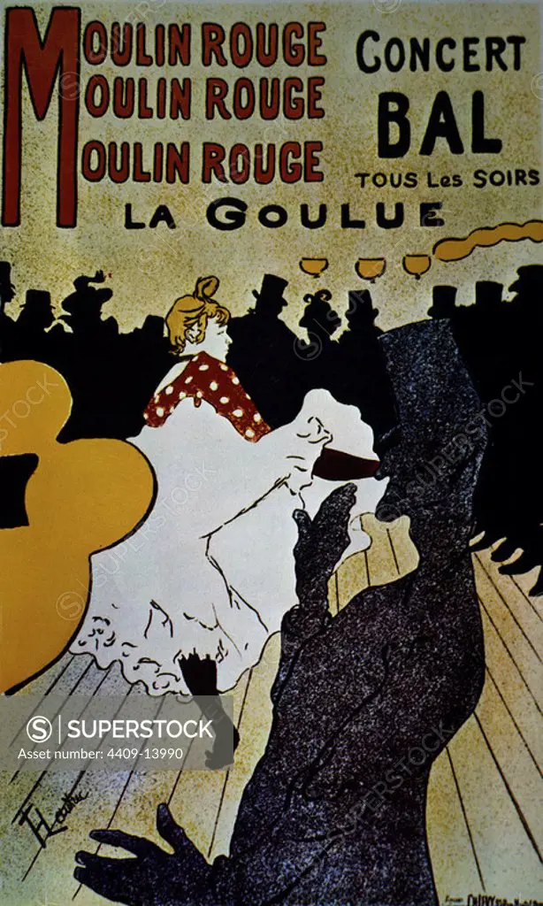 Moulin Rouge: La Goulue - 1891 - 191x117 cm - colour lithograph. Author: Henri Marie Raymond de Toulouse-Lautrec. Location: MUSEO TOULOUSE LAUTREC. ALBI. France.