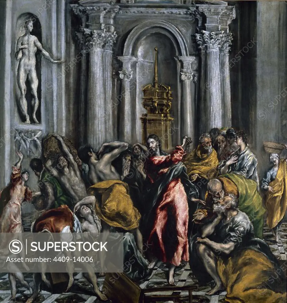Jesus Driving the Merchants from the Temple - 1610/14 - 106x104 cm - oil on canvas. Author: EL GRECO. Location: IGLESIA DE SAN GINES. MADRID. SPAIN.