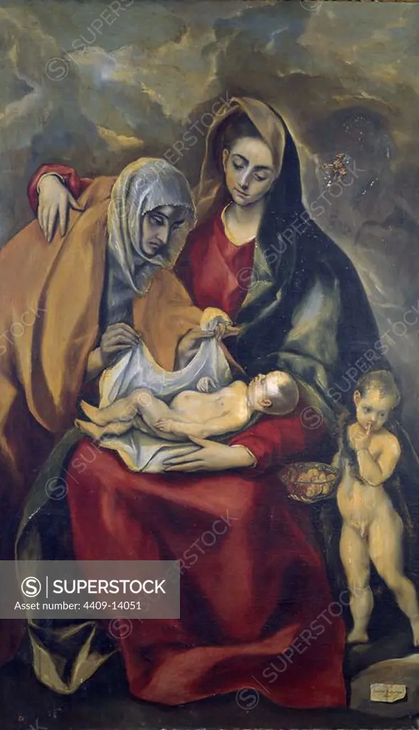 The Holy Family with St. Elizabeth - 1585 - 178x105 cm - oil on canvas - Spanish Mannerism. Author: EL GRECO. Location: MUSEO HOSPITAL DE SANTA CRUZ. Toledo. SPAIN. CHILD JESUS. VIRGIN MARY. SANTA ANA MADRE DE LA VIRGEN MARIA. SAN JUAN BAUTISTA NIÑO / SAN JUANITO.