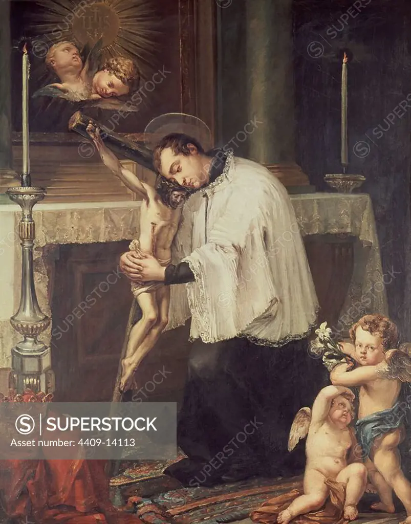 'San Luis Gonzaga abrazando el Crucifijo', 1825, Oil on canvas, 85,7 x 67 cm, Inv. 3536. Author: LUIS LOPEZ PIQUER. Location: MUSEO LAZARO GALDIANO-COLECCION. MADRID. SPAIN. ST. ALOYSIUS GONZAGA. CRISTO CRUCIFICADO.