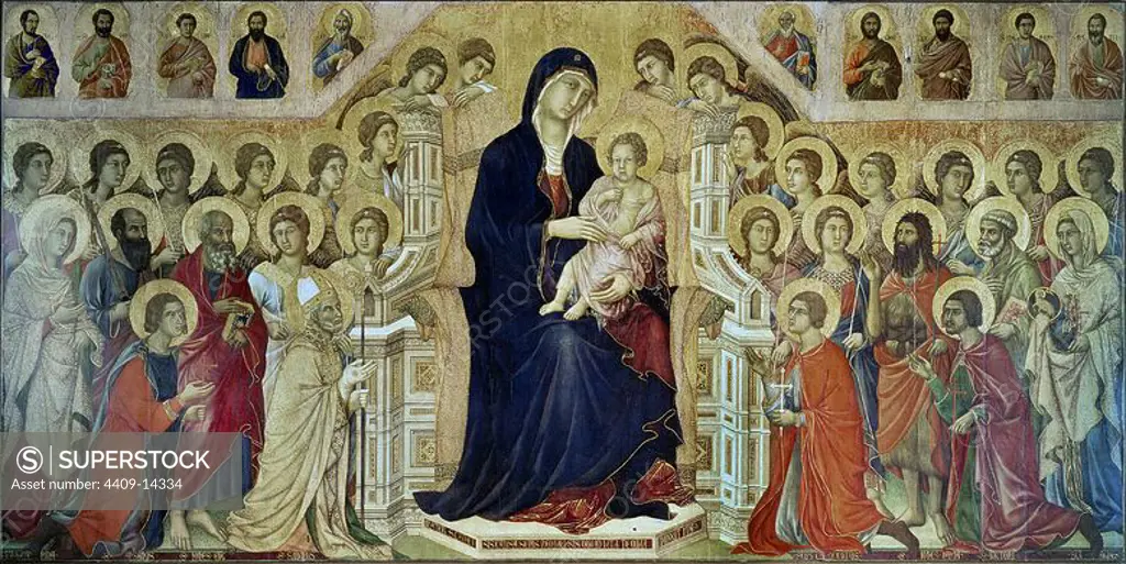 The Maesta - 1308/11 - 370x450 cm - tempera on panel. Author: DUCCIO DI BUONINSEGNA (1255-1319). Location: MUSEO DELLOPERA DEL DUOMO DE SIENA. SIENA. ITALIA. CHILD JESUS. VIRGIN MARY.