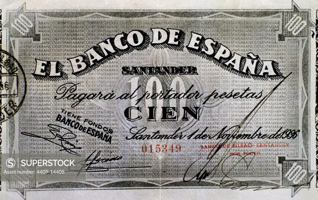 Spanish Civil War (1936-1939). 1936 Hundred Pesetas Note. Billete de cien pesetas de 1936. Madrid, Civil War Exhibition. Location: EXPOSICION DE LA GUERRA CIVIL ESPAÑOLA. MADRID. SPAIN.