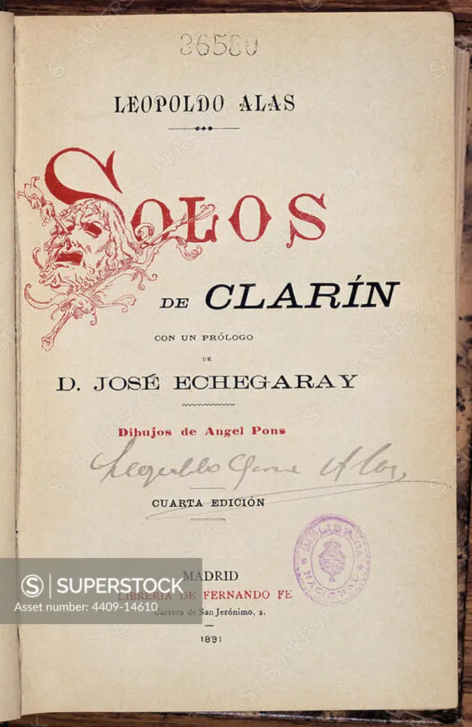SOLOS DE CLARIN CON UN PROLOGO DE JOSE ECHEGARAY - EDICION DE 1891. Author: LEOPOLDO ALAS CLARIN. Location: BIBLIOTECA NACIONAL-COLECCION. MADRID. SPAIN.