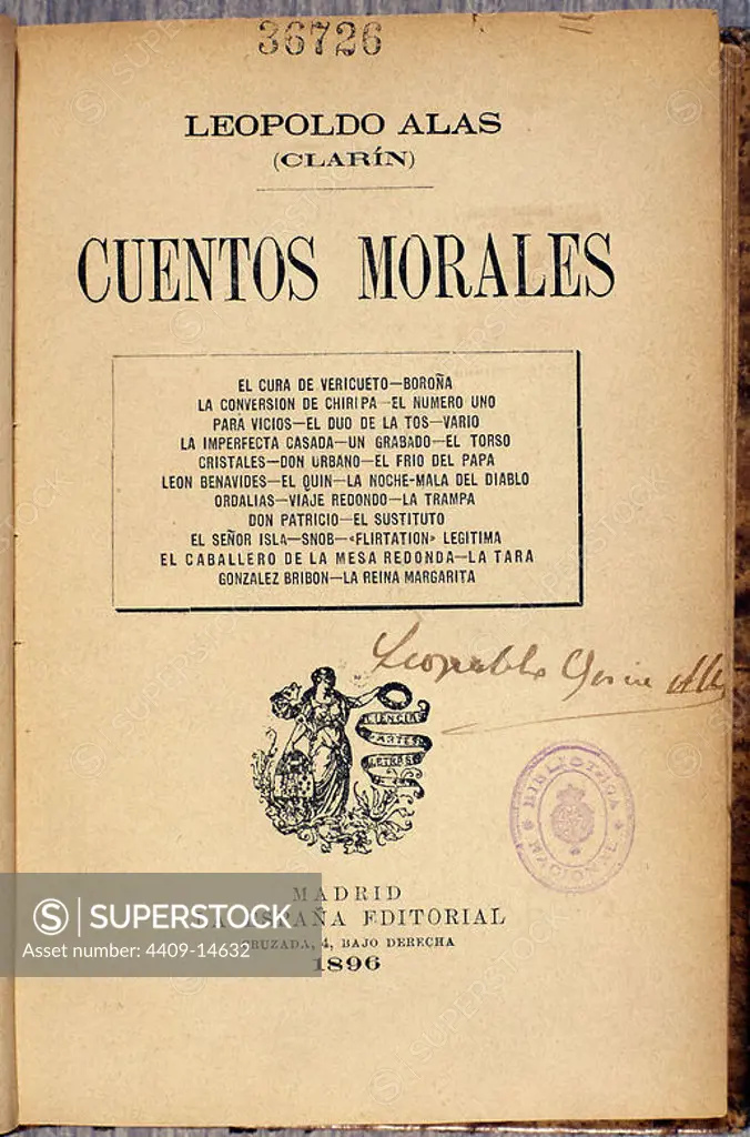 CUENTOS MORALES- 1896. Author: LEOPOLDO ALAS CLARIN. Location: BIBLIOTECA NACIONAL-COLECCION. MADRID. SPAIN.
