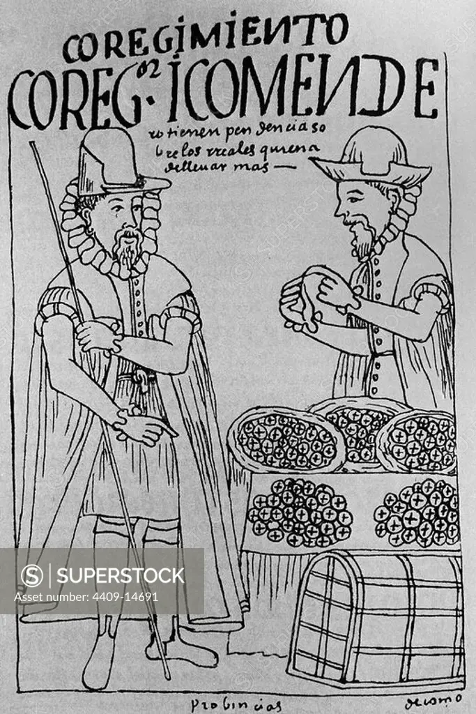 Peruvian codex. 'Nueva Cronica y Buen Gobierno'. The Corregidor and the Comendador. Madrid, National library. Author: FELIPE GUAMAN POMA DE AYALA (1535-1617). Location: BIBLIOTECA NACIONAL-COLECCION. MADRID. SPAIN.