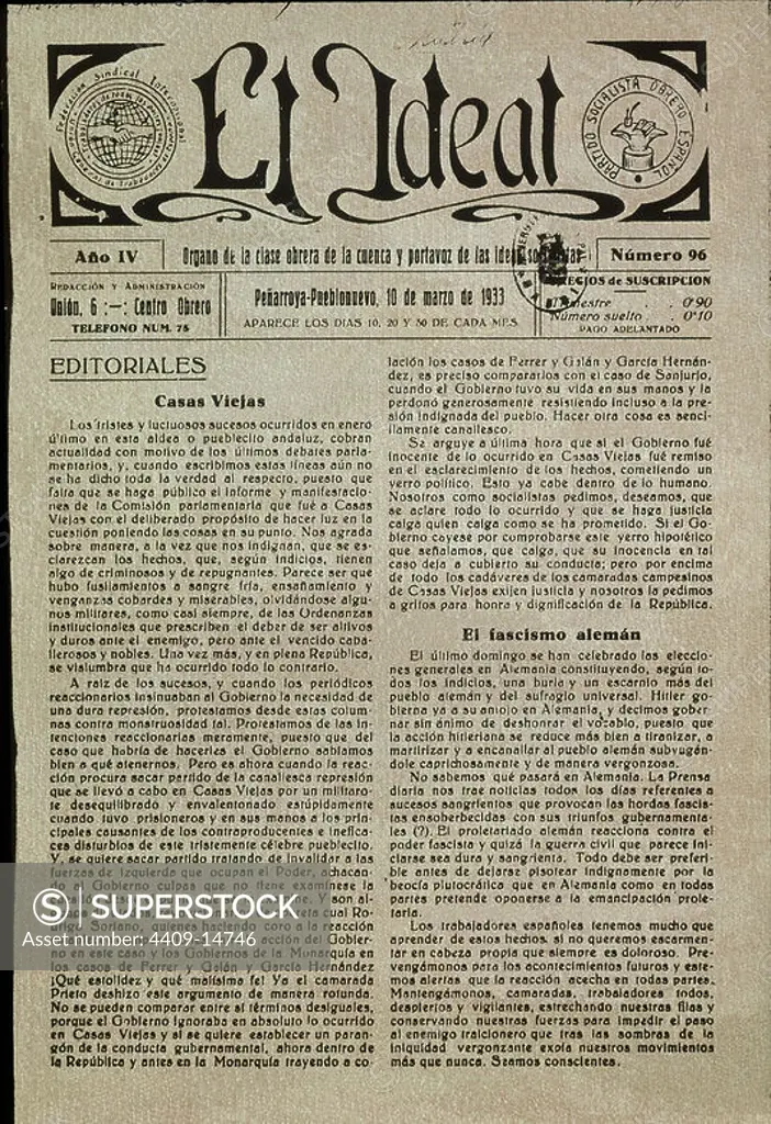 PERIODICO SOCIALISTA"EL IDEAL"MARZO 1933-ARTICULOS: SUCESOS DE CASAS VIEJAS Y FASCISMO ALEMAN. Location: HEMEROTECA MUNICIPAL. MADRID.
