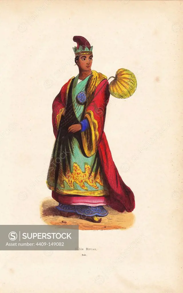 Burmese nobleman in embroidered robes, hat, and slippers. Handcoloured woodcut from Auguste Wahlen's "Moeurs, Usages et Costumes de tous les Peuples du Monde," Librairie Historique-Artistique, Brussels, 1845. Wahlen was the pseudonym of Jean-Francois-Nicolas Loumyer (1801-1875), a writer and archivist with the Heraldic Department of Belgium.