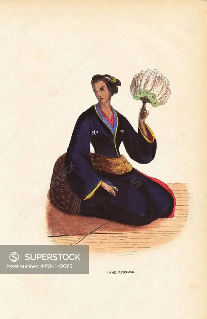 Japanese woman in kimono and obi, holding a feather fan. Handcoloured woodcut after an illustration by H. Hendrickx from Auguste Wahlen's "Moeurs, Usages et Costumes de tous les Peuples du Monde," Librairie Historique-Artistique, Brussels, 1845. Wahlen was the pseudonym of Jean-Francois-Nicolas Loumyer (1801-1875), a writer and archivist with the Heraldic Department of Belgium.