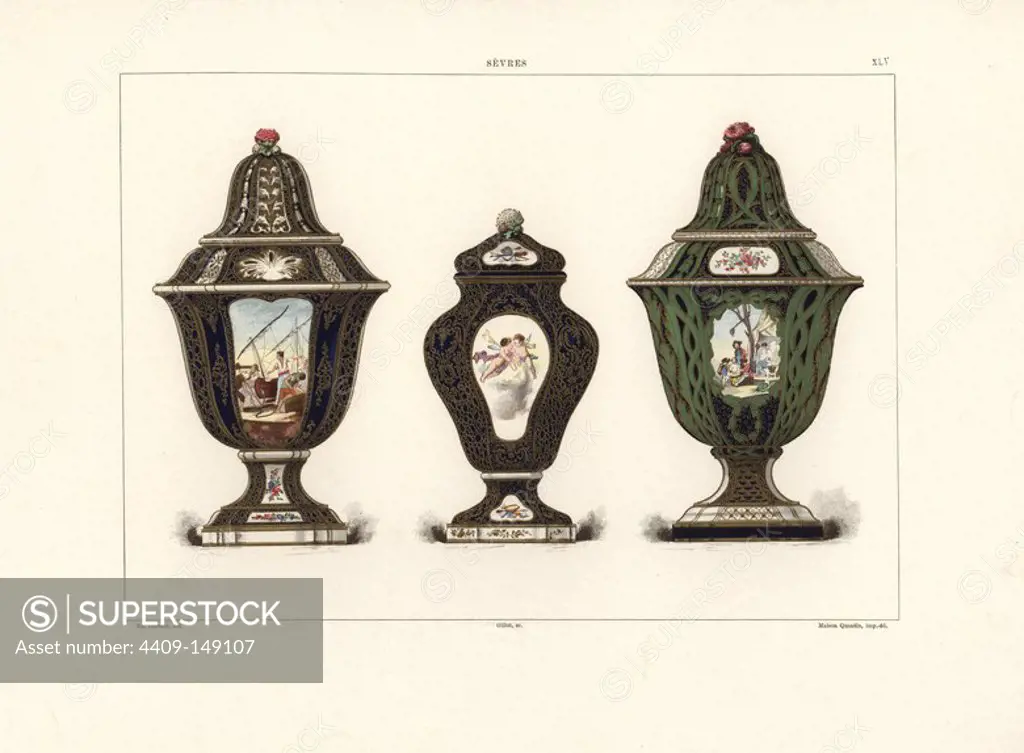 Chalice vase with nautical scene after a painting by Moren, baluster vase with lid, metalled base and panel with cupids, and chalice vase with lid and military scene. Chromolithograph by Gillot of an illustration by Edouard Garnier from The Soft Paste Porcelain of Sevres, Maison Quantin, Paris, 1891.