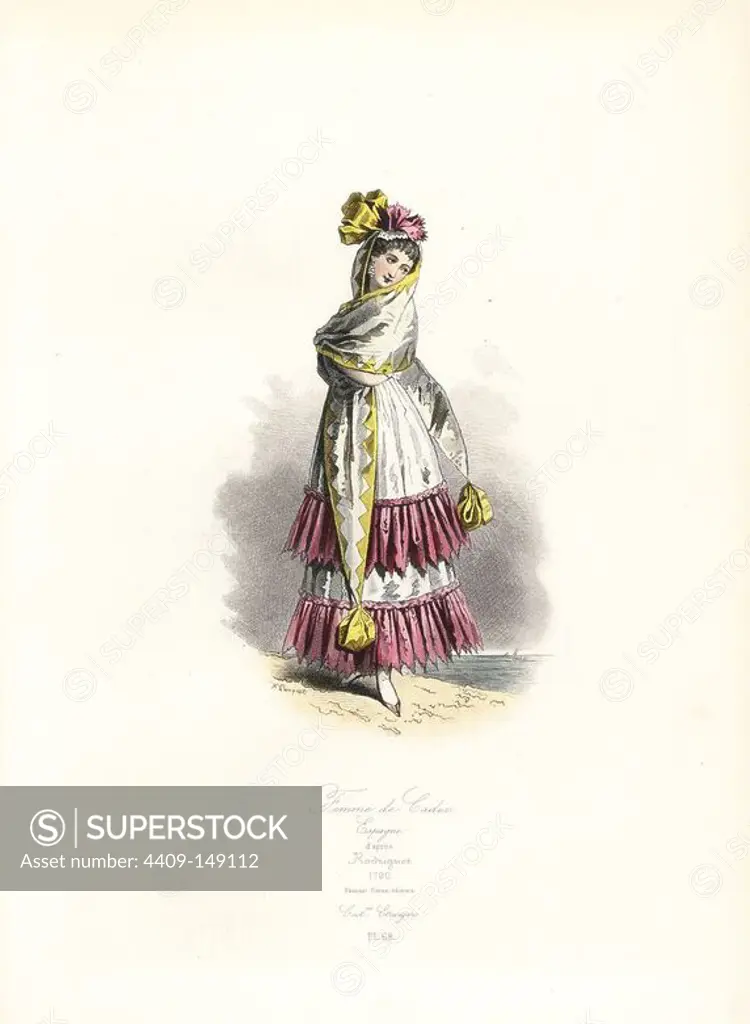 Woman of Cadiz, Spain, 18th century, after Rodriguez. Handcoloured steel engraving by Hippolyte Pauquet from the Pauquet Brothers' "Modes et Costumes Etrangers Anciens et Modernes" (Foreign Fashions and Costumes Ancient and Modern), Paris, 1865. Hippolyte (b. 1797) and Polydor Pauquet (b. 1799) ran a successful publishing house in Paris in the 19th century, specializing in illustrated books on costume, birds, butterflies, anatomy and natural history.