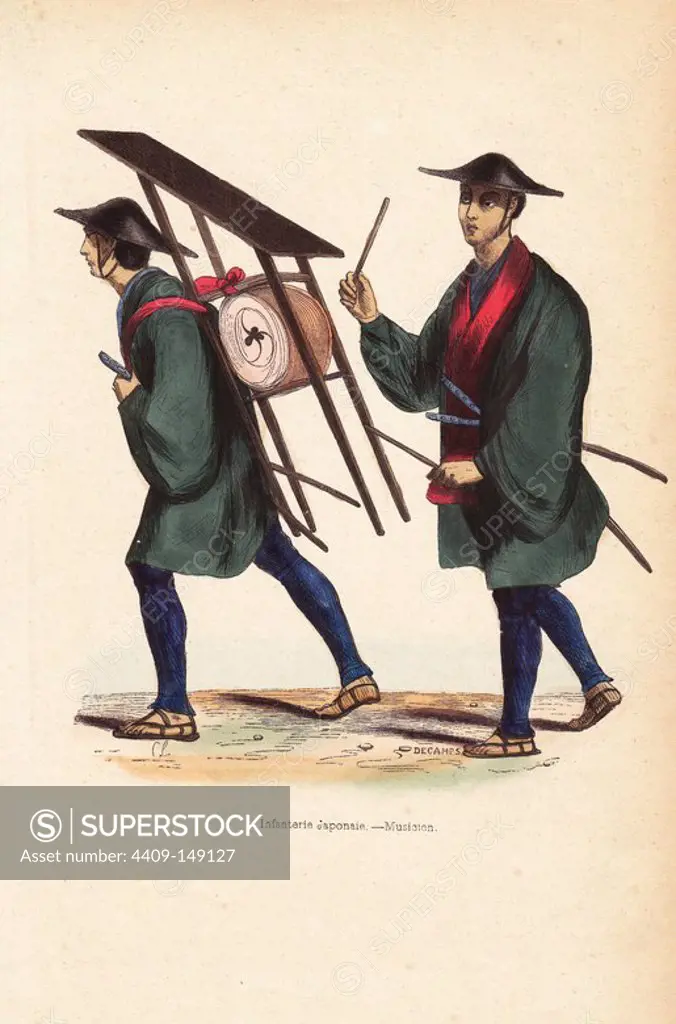 Japanese infantry musicians, one beating a drum (taiko) carried by another. Both in helmets, kimono over leggings and sandals, wearing swords. Handcoloured woodcut by Decamps after an illustration by C.L. from Auguste Wahlen's "Moeurs, Usages et Costumes de tous les Peuples du Monde," Librairie Historique-Artistique, Brussels, 1845. Wahlen was the pseudonym of Jean-Francois-Nicolas Loumyer (1801-1875), a writer and archivist with the Heraldic Department of Belgium.