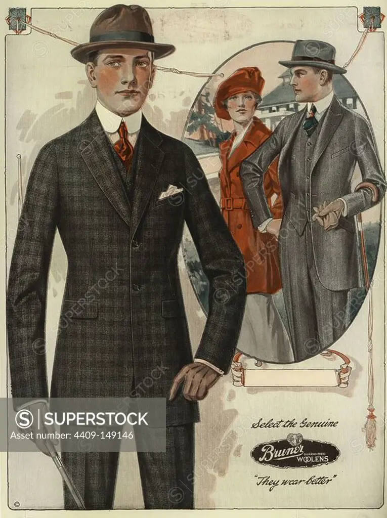 Men's conservative single-breasted suits. Chromolithograph from a catalog of male winter fashions from Bruner Woolens, 1920.