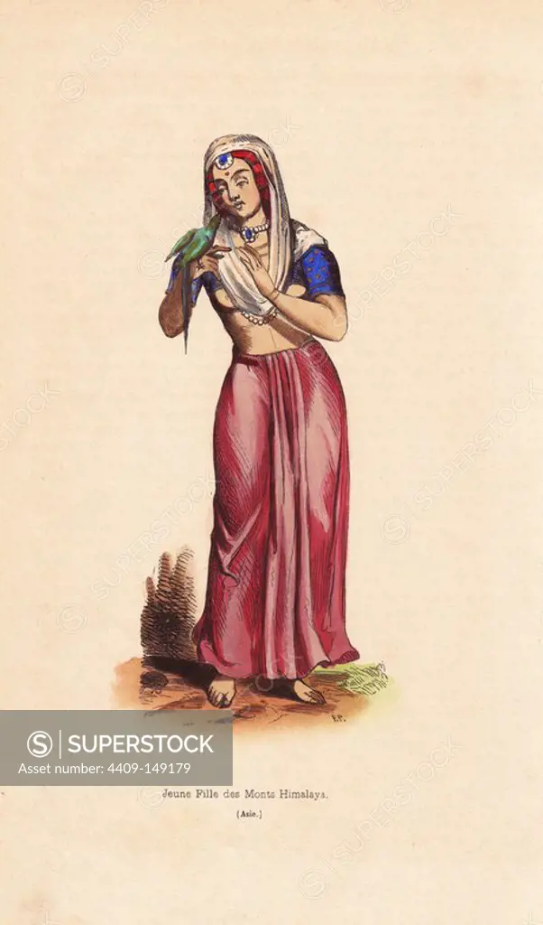 Girl from the Himalayan mountains, in veil, bodice, and skirt, playing with a parrot. Handcoloured woodcut from Auguste Wahlen's "Moeurs, Usages et Costumes de tous les Peuples du Monde," Librairie Historique-Artistique, Brussels, 1845. Wahlen was the pseudonym of Jean-Francois-Nicolas Loumyer (1801-1875), a writer and archivist with the Heraldic Department of Belgium.