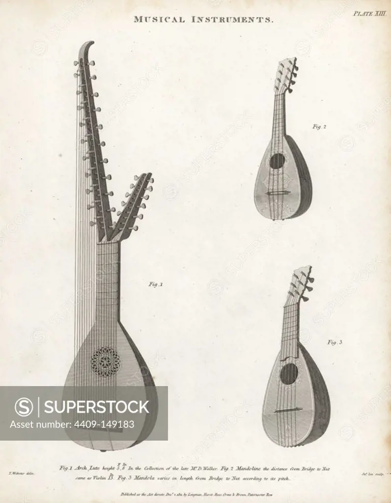 Arch lute (1), mandolin (2) and mandola (3). Copperplate engraving by John Lee after a drawing by T. Webster from Abraham Rees' Cyclopedia or Universal Dictionary of Arts, Sciences and Literature, Longman, Hurst, Rees, Orme and Brown, London, 1820.