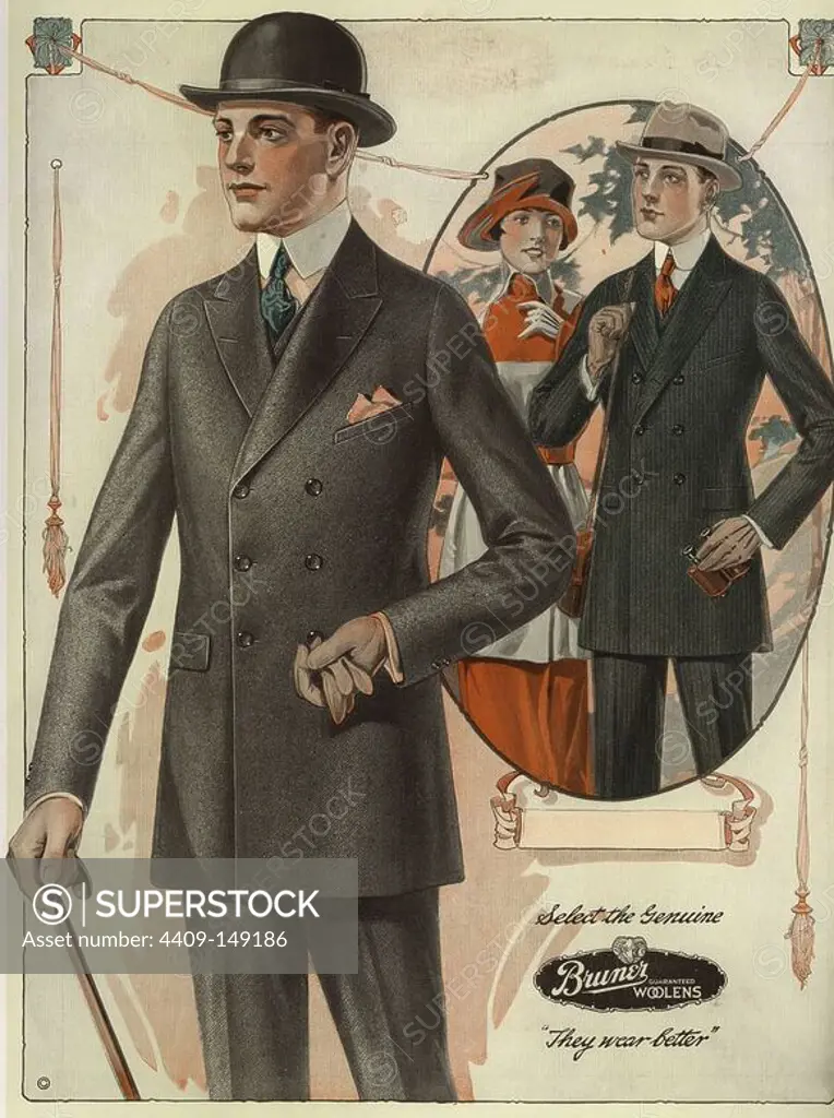 Men's conservative double-breasted suits in sack. Chromolithograph from a catalog of male winter fashions from Bruner Woolens, 1920.