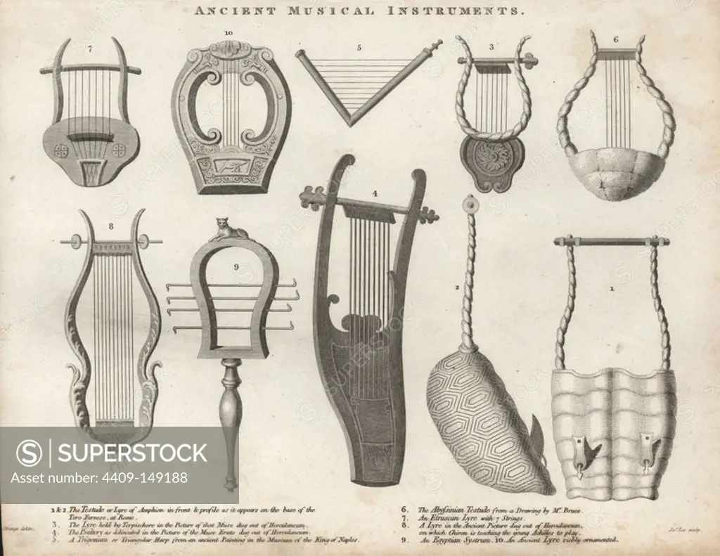 Testudo or lyre of Amphion (1,2), lyre held by Terpsichore (3), psaltery (4), triangular harp or Trigonium (5), Abyssinian testudo (6), Etruscan 6-string lyre (7), lyre (8), Egyptian systrum (9) and richly ornamented lyre. Copperplate engraving by John Lee after an illustration by Strange from Abraham Rees' Cyclopedia or Universal Dictionary of Arts, Sciences and Literature, Longman, Hurst, Rees, Orme and Brown, London, 1820.
