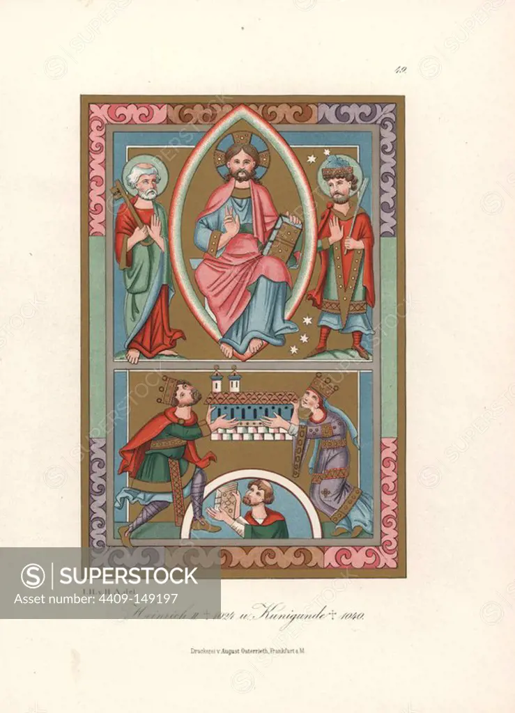 Portrait of Holy Roman Emperor Henry II and his wife Saint Cunigunde of Luxembourg from an illuminated missal in Hamberg library. Chromolithograph from Hefner-Alteneck's "Costumes, Artworks and Appliances from the Middle Ages to the 17th Century," Frankfurt, 1879. Illustration by Dr. Jakob Heinrich von Hefner-Alteneck and published by Heinrich Keller. Hefner-Alteneck (1811 - 1903) was a German museum curator, archaeologist, art historian, illustrator and etcher.