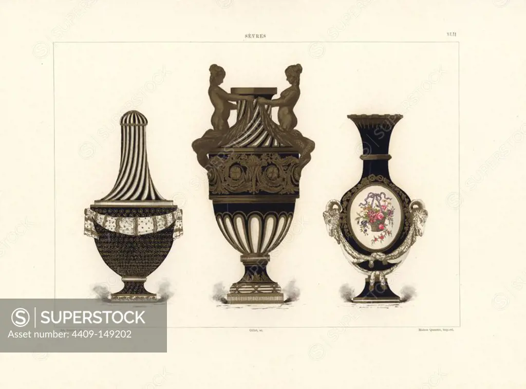 Draped vase with striped canopy lid, vase with gold figures of sirens over a fluted base, and vase with botanical panel decorated with ram heads and goatskin. Chromolithograph by Gillot of an illustration by Edouard Garnier from The Soft Paste Porcelain of Sevres, Maison Quantin, Paris, 1891.