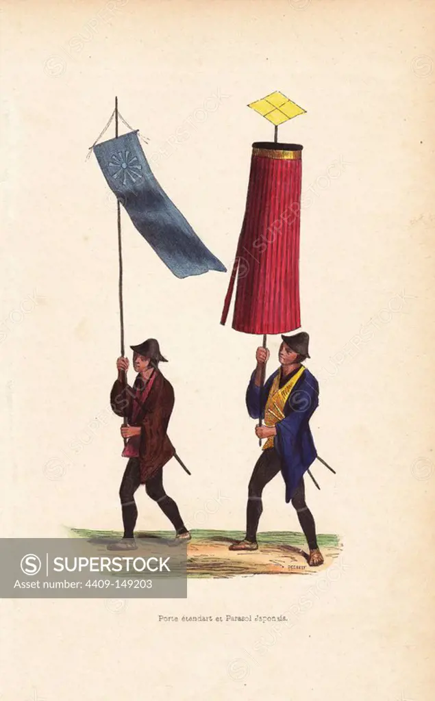 Japanese ensign carrying a standard, and umbrella bearer, both in helmets, kimono, leggings and sandals, carrying swords. Handcoloured woodcut by Decreef from Auguste Wahlen's "Moeurs, Usages et Costumes de tous les Peuples du Monde," Librairie Historique-Artistique, Brussels, 1845. Wahlen was the pseudonym of Jean-Francois-Nicolas Loumyer (1801-1875), a writer and archivist with the Heraldic Department of Belgium.