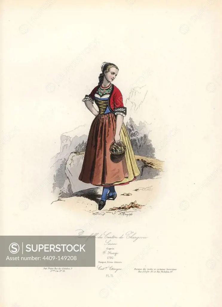 Young girl from the Canton of Thurgau, Switzerland, 18th century, after Franz Hegi. Handcoloured steel engraving by Hippolyte Pauquet from the Pauquet Brothers' "Modes et Costumes Etrangers Anciens et Modernes" (Foreign Fashions and Costumes Ancient and Modern), Paris, 1865. Hippolyte (b. 1797) and Polydor Pauquet (b. 1799) ran a successful publishing house in Paris in the 19th century, specializing in illustrated books on costume, birds, butterflies, anatomy and natural history.