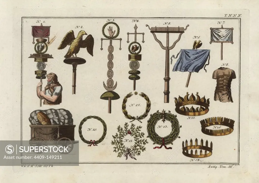 Roman ensigns, costume of Roman cart driver, Roman baggage chariot. Crowns: victor, civic, obsidian, barracks, naval and mural. Handcoloured copperplate engraving by Paul Weindl from Robert von Spalart's "Historical Picture of the Costumes of the Principal People of Antiquity and of the Middle Ages," Chez Collignon, Metz, 1810.