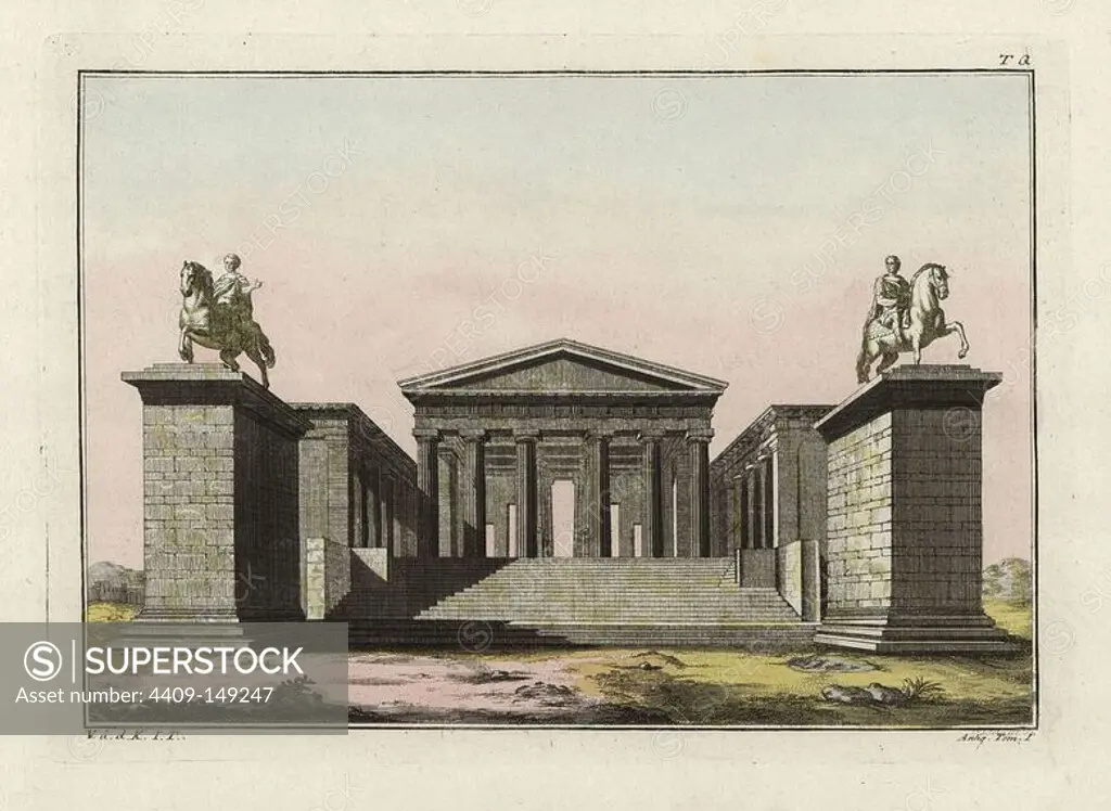Vestibules of the Citadel, Athens. Handcolored copperplate engraving by P. Weindl from Robert von Spalart's "Historical Picture of the Costumes of the Principal People of Antiquity and of the Middle Ages," Metz, 1810.