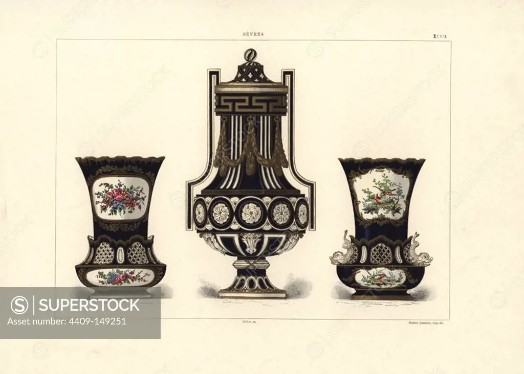 Vase jardiniere (flowerpot) with botanical panels, vase with garlands and festons, and vase jardiniere with dolphins and panels with birds and flowers. Chromolithograph by Gillot of an illustration by Edouard Garnier from The Soft Paste Porcelain of Sevres, Maison Quantin, Paris, 1891.