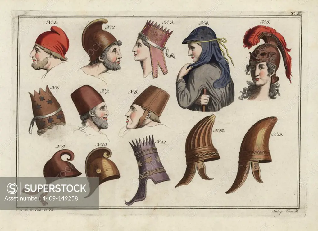 Barbarian bonnet (1), Phrygian helmet (2), Triganes the Great, king of Armenia (3), Phrygian headdress (4), Amazon helmet (5), Armenian princes bonnet (6), Dacian hats (7-8), Ajaxs helmet (9), Aeneuss helmet (10), Parthian kings' crown (11), Barbarian helmets (12-13). Handcolored copperplate engraving from Robert von Spalart's "Historical Picture of the Costumes of the Principal People of Antiquity and of the Middle Ages," Metz, 1810.