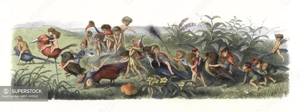 Parade of elves and fairies in the train of the elf king. Handcoloured woodblock print by Edmund Evans after an illustration by Richard Doyle from In Fairyland, a series of Pictures from the Elf World, Longman, London, 1870.